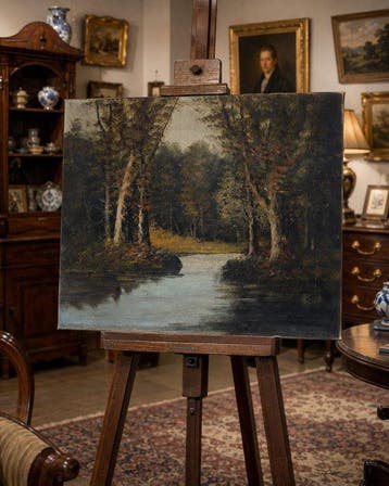 École de Barbizon (XIX) - Rivière sous les arbres - NO, Antiquités & Art