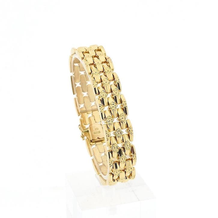Gouden schakelarmband met patroon, Handtassen en Accessoires, Armbanden, Overige kleuren, Gebruikt, Goud, Ophalen of Verzenden