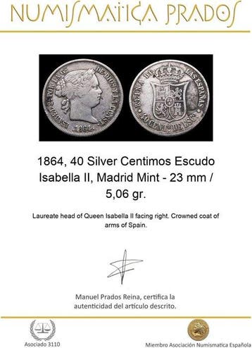 Spanje. Isabel II. 40 Céntimos Escudo 1864, Madrid Mint