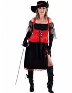 Dames piraat musketier kostuum zwart met rode gilet, Ophalen of Verzenden