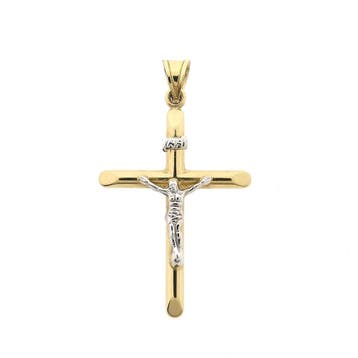 Bicolor gouden hanger van een kruis met corpus | INRI, Handtassen en Accessoires, Bedels, Ophalen of Verzenden, Gebruikt, Goud
