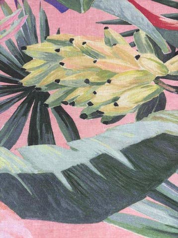 Tropische tinten 100% linnen Tropisch blad roze achtergrond, Antiek en Kunst