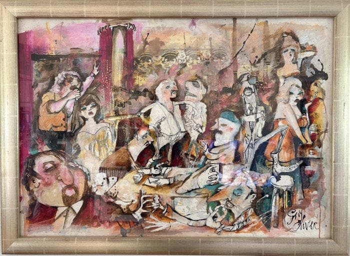Guy Olivier (1964) - Cafe Scene, Antiek en Kunst, Kunst | Schilderijen | Modern