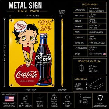 Betty Boop Coca-Cola Vintage geroest metaal - 40 × 60 cm -