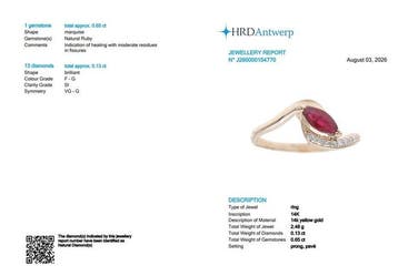 Ring - 14 karaat Geel goud - 0.78ct. tw. Robijn - Diamant