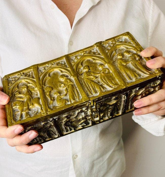 Reliekschrijn doos - Brons - 1920-1930 - Figuurlijke relief, Antiek en Kunst, Kunst | Niet-Westerse kunst