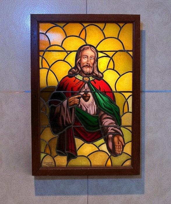 G.P Dagrant - Gran vitral - Sagrado Corazón - 79 x 115 cm -, Antiquités & Art, Art | Art non-occidental