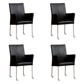 Set van 4 Leren eetkamerstoelen Comfort met wieltjes en, Ophalen of Verzenden