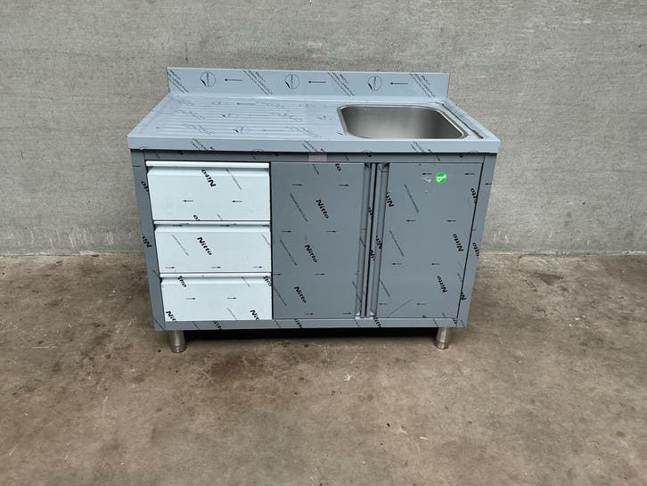 Spoeltafel met draaideuren en 3 laden 1 bak rechts 120cm, Zakelijke goederen, Horeca | Keukenapparatuur, Nieuw in verpakking, Inox Meubilair