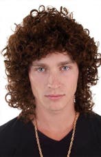 Nozem Pruik Bruin Krullen Matje Mullet Rocker 80s Zwarte Cr, Ophalen of Verzenden