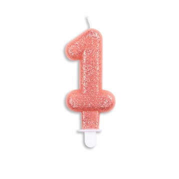 Kaars 1 Jaar Rose Goud Glitter 7cm, Verzenden, Nieuw