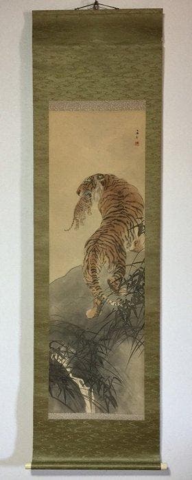 Antique Japanese Hanging Scroll - Hand-painted Tigress and