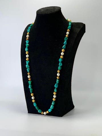 Halsketting - 21 kt. Geel goud Turquoise - Akoya-parel, Nieuw