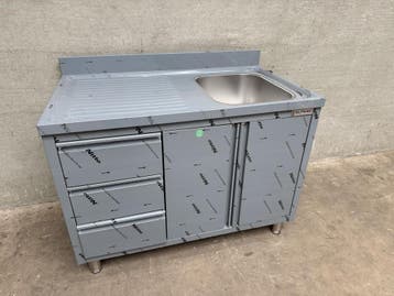 Spoeltafel met draaideuren en 3 laden 1 bak rechts 120cm, Ophalen of Verzenden, Nieuw in verpakking, Inox Meubilair