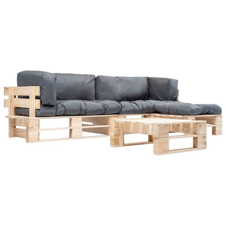 vidaXL 4-delige Loungeset pallet met grijze kussens hout, Tuin en Terras, Tuinsets en Loungesets, Loungeset, Nieuw, Verzenden