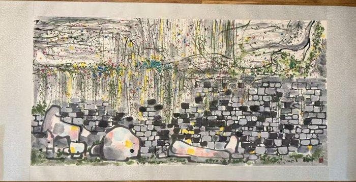 INK AND COLOR ON PAPER PAINTINGClimbing Vines on, Antiek en Kunst, Antiek | Overige Antiek