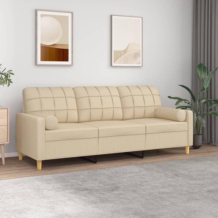 vidaXL Driezitsbank met sierkussens 180 cm stof crèmekleurig, Huis en Inrichting, Zetels | Zetels, Nieuw, Verzenden