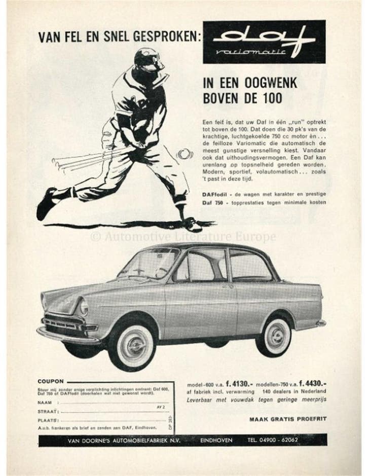 1962 DAF VARIOMATIC BROCHURE NEDERLANDS, Boeken, Auto's | Folders en Tijdschriften