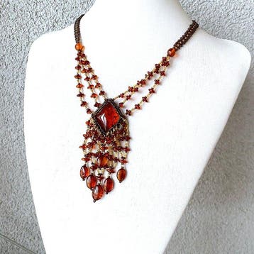 Collier bohème long avec ambre baltique naturelle - Ambre -