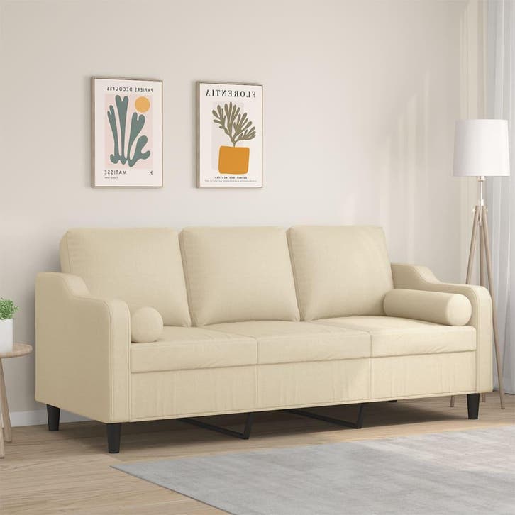 vidaXL Driezitsbank met sierkussens 180 cm stof crèmekleurig, Huis en Inrichting, Zetels | Zetels, Nieuw, Verzenden