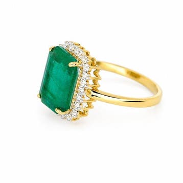 Ring - 14 karaat Geel goud - 4.96ct. tw. Smaragd - Diamant -