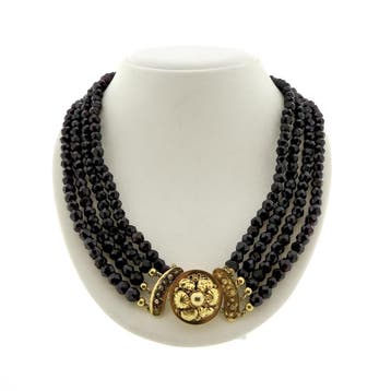 Antieke granaat kralencollier met gouden sierslot (Ketting), Gebruikt, Ophalen of Verzenden, Met edelsteen, Goud