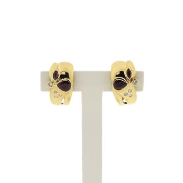 Vintage gouden oorclips met robijn en diamant 0,25 ct., Gebruikt, Ophalen of Verzenden, Met edelsteen, Goud