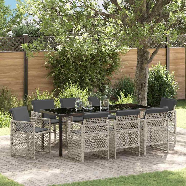vidaXL Tuin Eettafel Set 9 pcs Lichtgrijs poly rattan, Jardin & Terrasse, Ensembles de jardin, Envoi