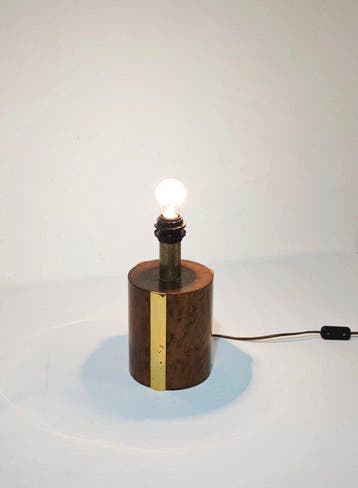 Tafellamp - Verguld messing - cilindrische basis bekleed met