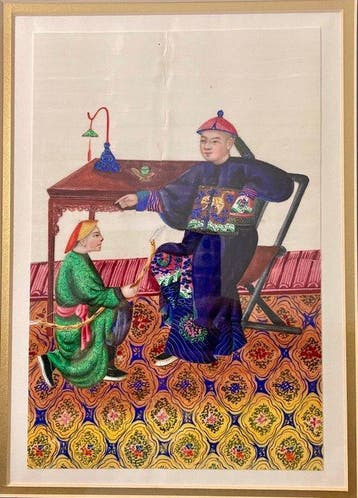 Manchu-ambtenaar en bediende - Papier - China - Qing