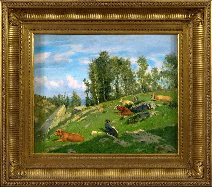 Marco Calderini (1850 – 1941) - Paesaggio alpino con figure, Antiek en Kunst, Kunst | Schilderijen | Klassiek