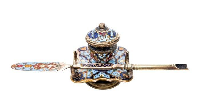 Ravissant encrié et porte plume en laiton Cloisonné -, Antiquités & Art, Antiquités | Autres Antiquités