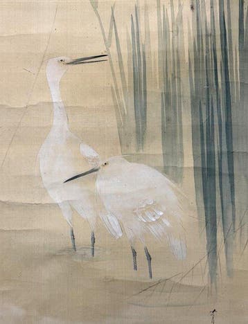 Zeer fraai schilderij Herons And Irises, gesigneerd -