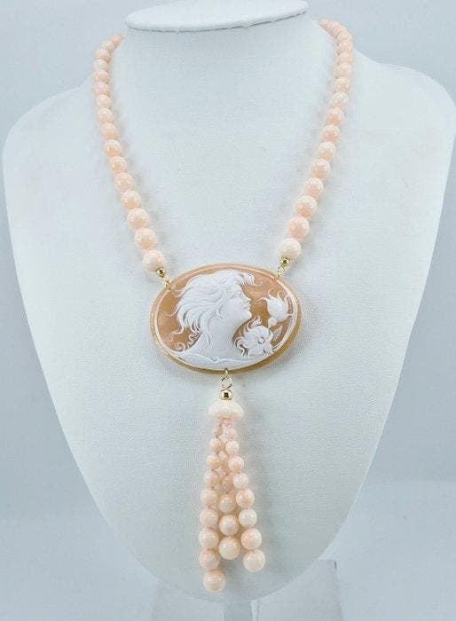 Koraal - Zilver - Halsketting - Roze koraal en camee, Verzamelen, Mineralen en Fossielen