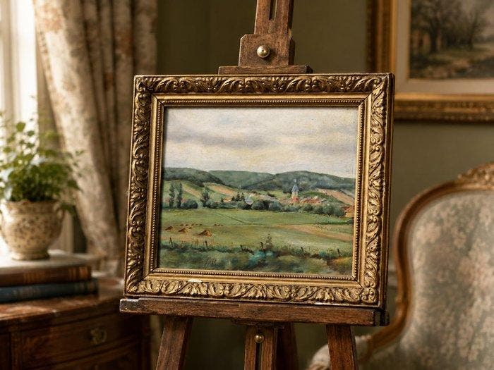 École paysagiste française (XX) - Au loin, le village, Antiquités & Art, Art | Peinture | Classique