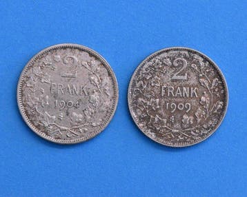 België. Leopold II. 2 Francs 1904 en 1909 Vlaams Mint State