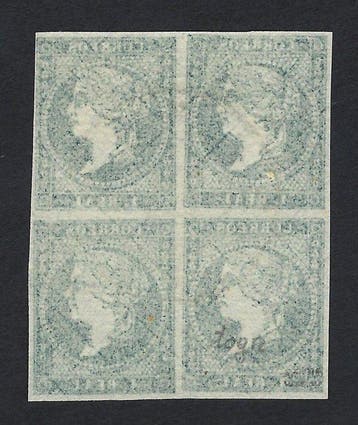 Espagne 1855 - Isabelle II 1 Real Azul bloque les lignes de