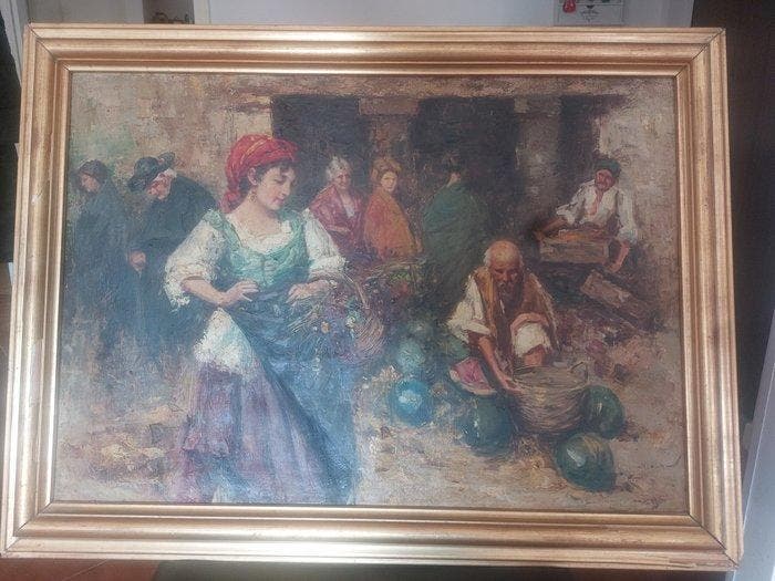 Scuola italiana (XX), Firmato Viola - Scena di vita popolare, Antiek en Kunst, Kunst | Schilderijen | Klassiek