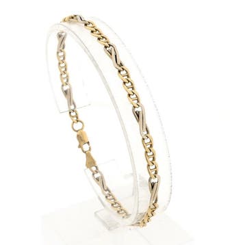 Bicolor gouden fantasie schakel armband (Schakelarmband), Ophalen of Verzenden, Gebruikt, Goud, Goud