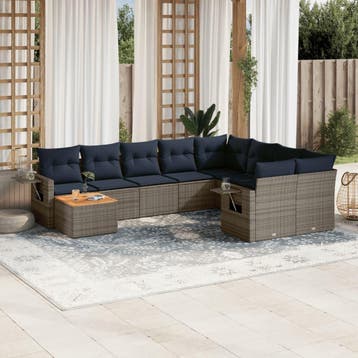 vidaXL 10-delige tuinbankset met kussens, grijs polyrotan, Verzenden