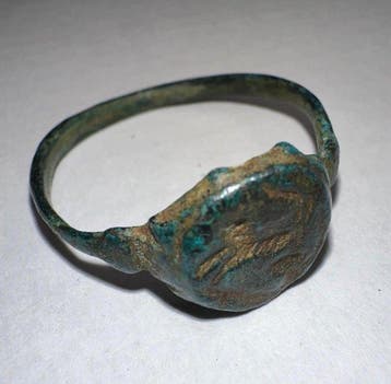 Romain antique Bronze Bague - signet lion gravé - Grand