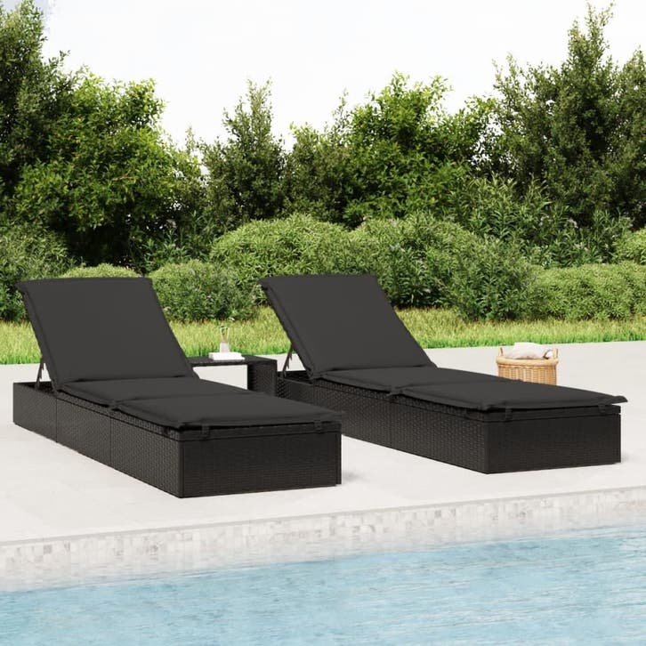 vidaXL Ligbedden 2 st met tafel poly rattan zwart, Tuin en Terras, Ligbedden, Nieuw, Verzenden