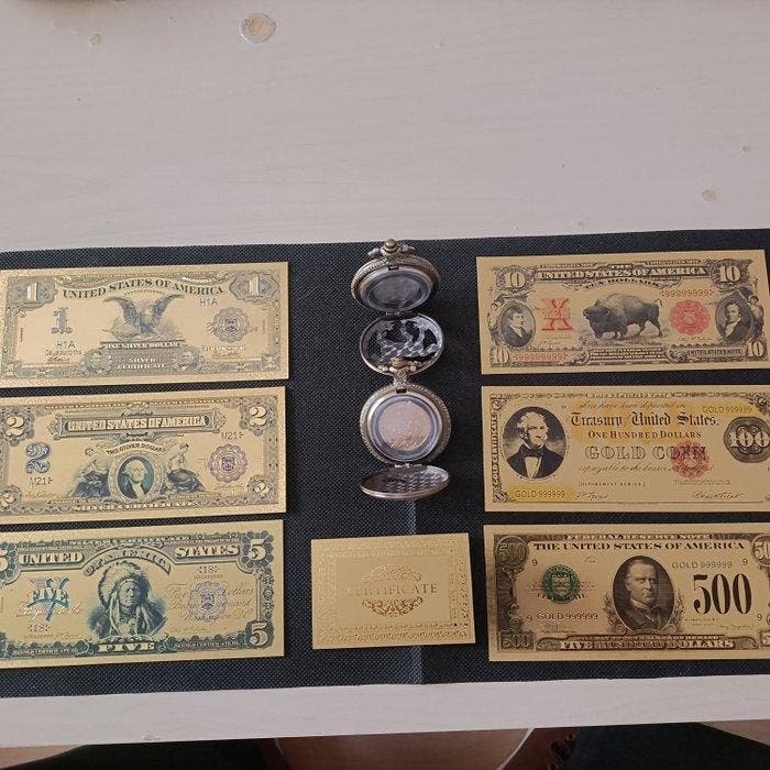 Themacollectie - Set van replica-bankbiljetten, verguld met, Antiek en Kunst, Antiek | Speelgoed
