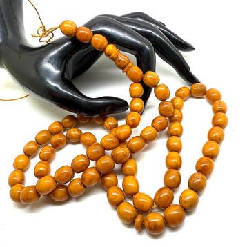 Chapelet tesbih en ambre balte, perles rondes couleur olive,