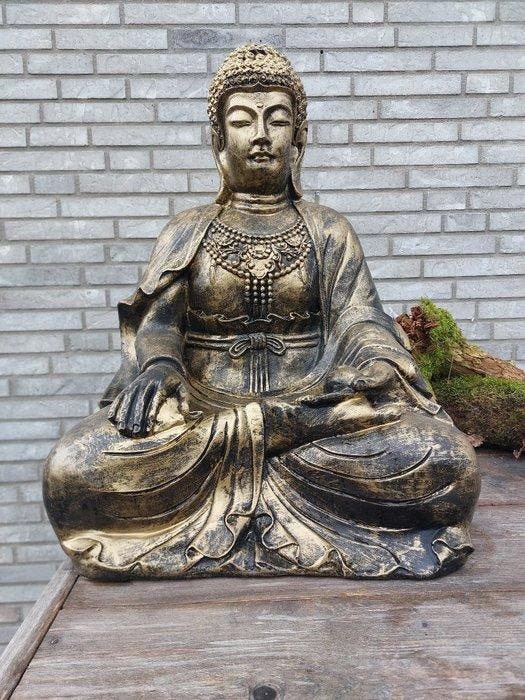 Beeld, 60 cm high gold colored bronze Buddha statue - 60 cm, Antiquités & Art, Curiosités & Brocante
