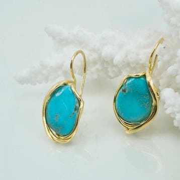 Turquoise - Argent, Plaqué or - Boucles doreilles -