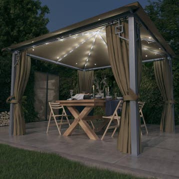 vidaXL Prieel met gordijn en LED-lichtslinger 3x3 m, Tuin en Terras, Verzenden, Nieuw