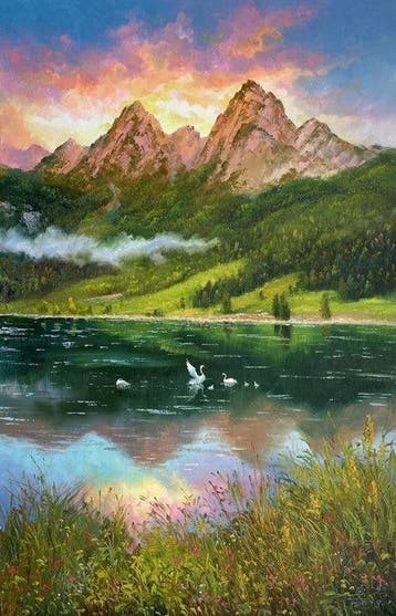 Xu Yanchun - Majestic Mountains, Alpine Lake and Swans /