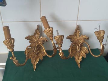 Kaars wandlamp (2) - hout, bladgoud, staal, Antiek en Kunst