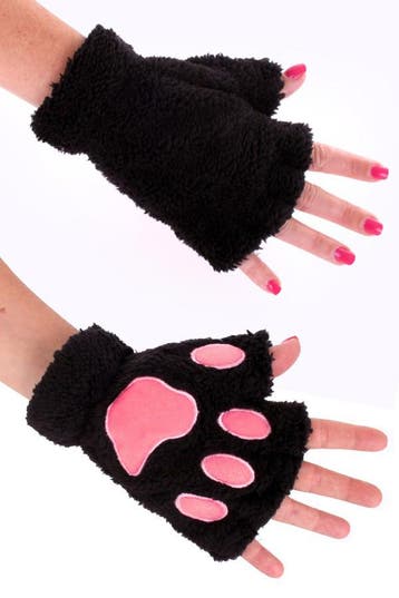 KIMU® Dierenpoot Vingerloze Handschoenen Zwart Roze Pluche V, Ophalen of Verzenden, Nieuw